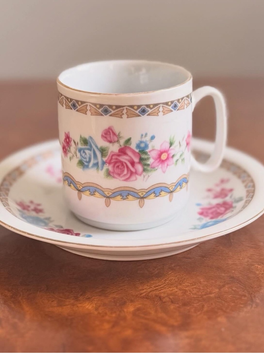 Floral Gold-Trim Porcelain Demitasse & Saucer Set